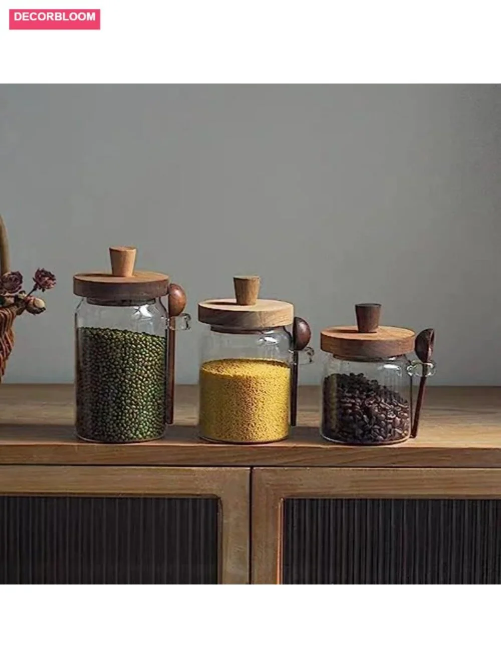 Glass Jars with Wooden Lids and Spoons, Set of 3, 17/22/27 OZ